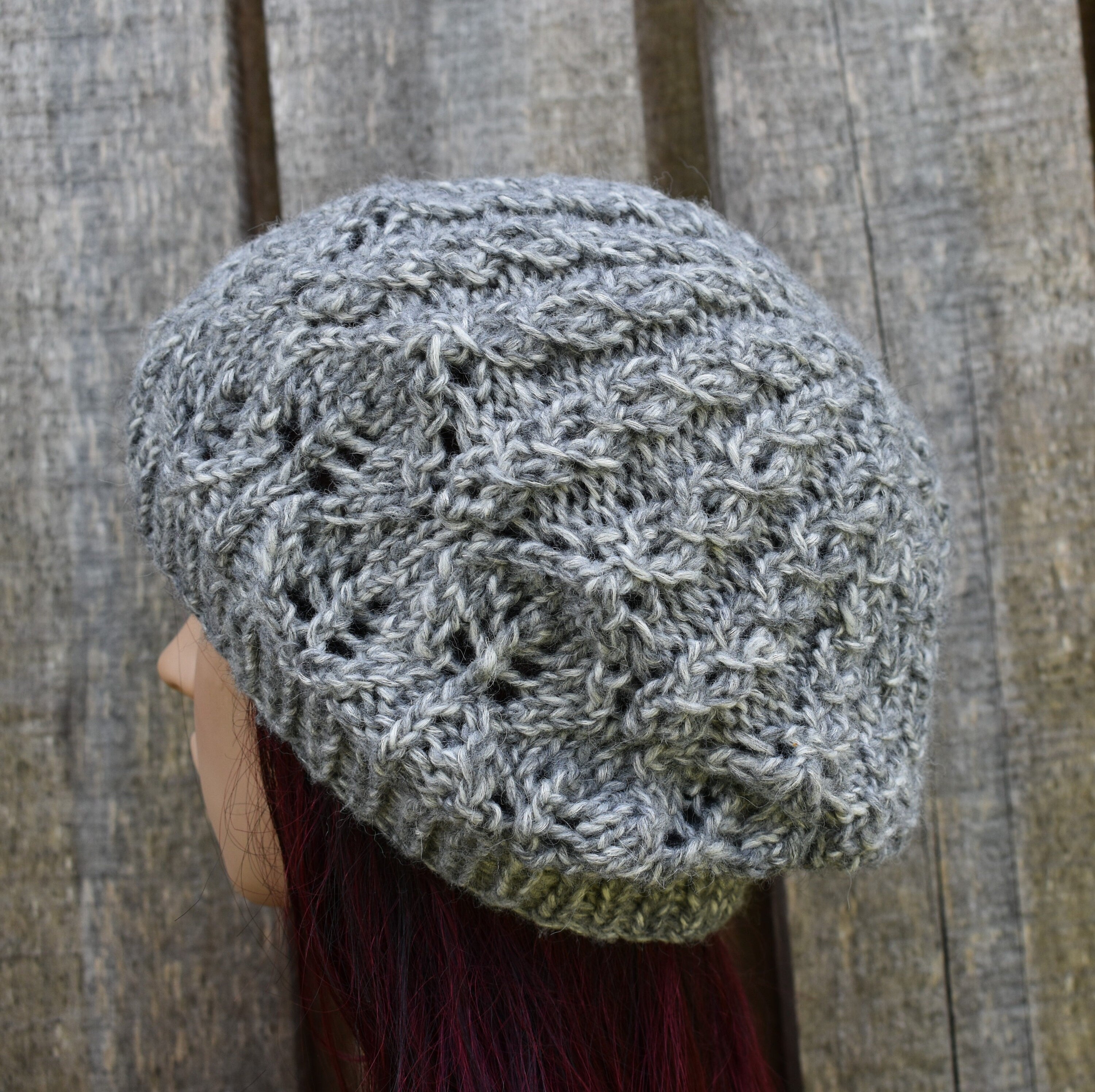 Hand knitted melanga gray cotton beret hat, unlined autumn cap, knit open work beanie,