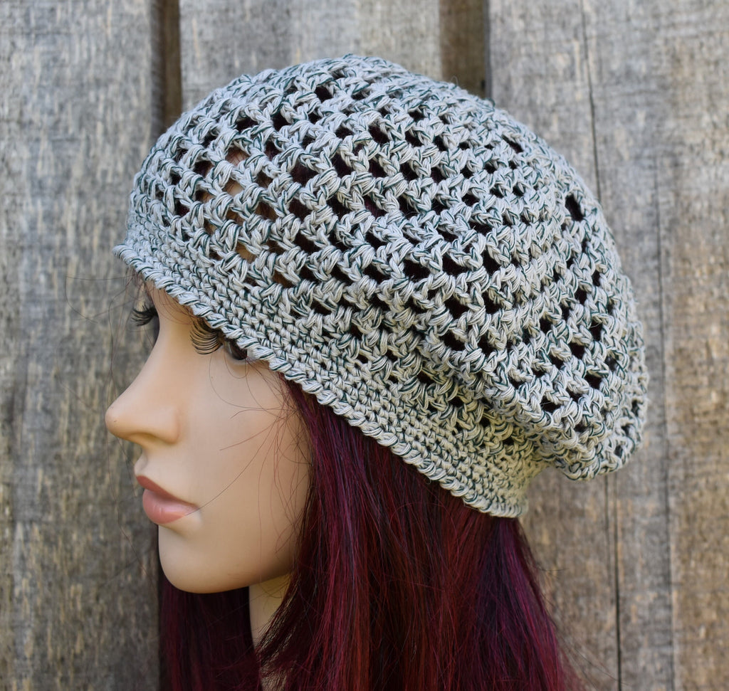 Crocheted gray green cotton summer beret, handmade lace French beret for women