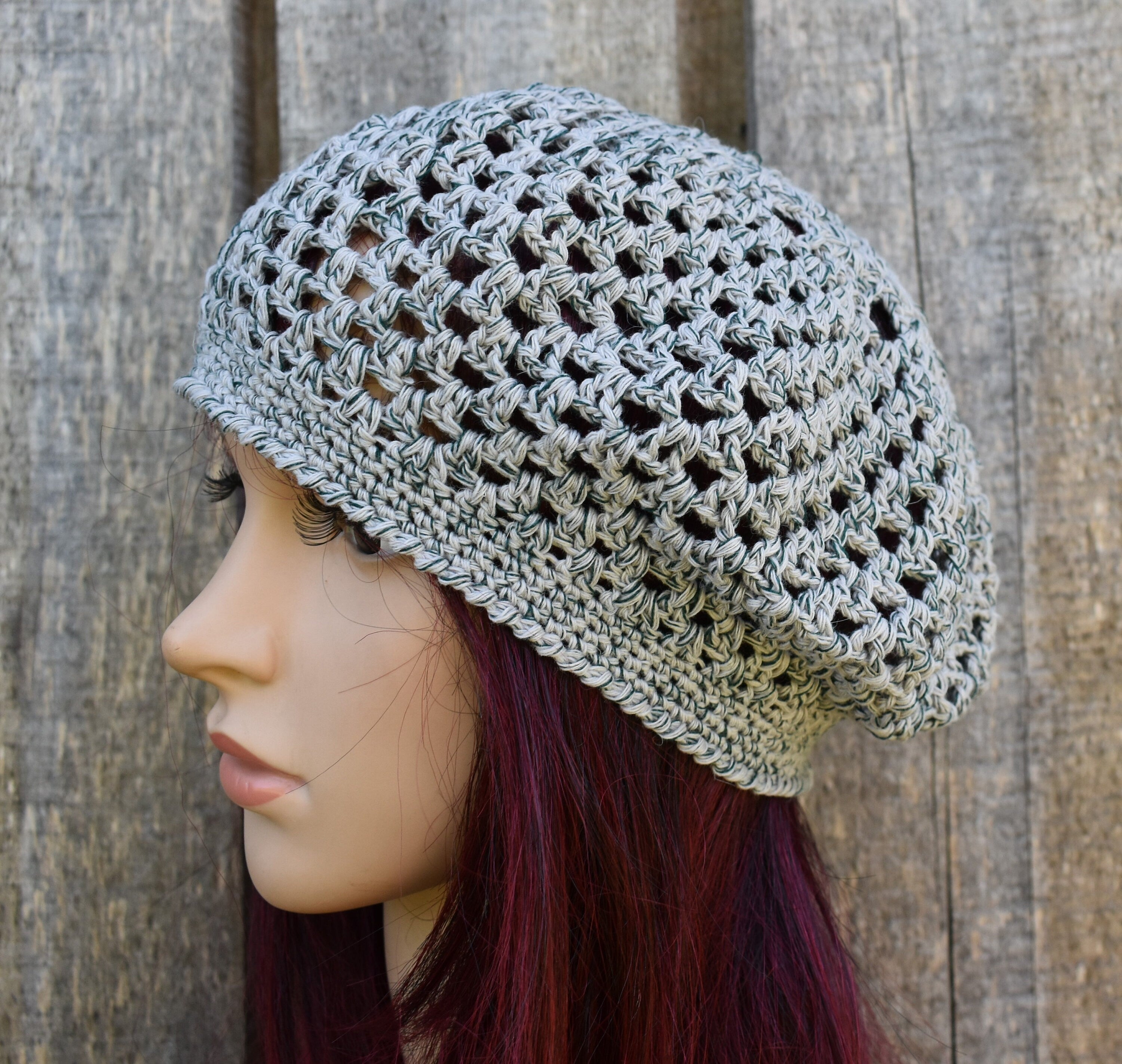 Crocheted gray green cotton summer beret, handmade lace French beret for women