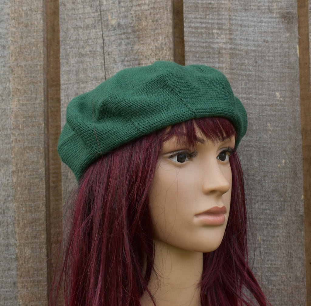 Green Knitted Beret: Unisex Wool Slouch Hat