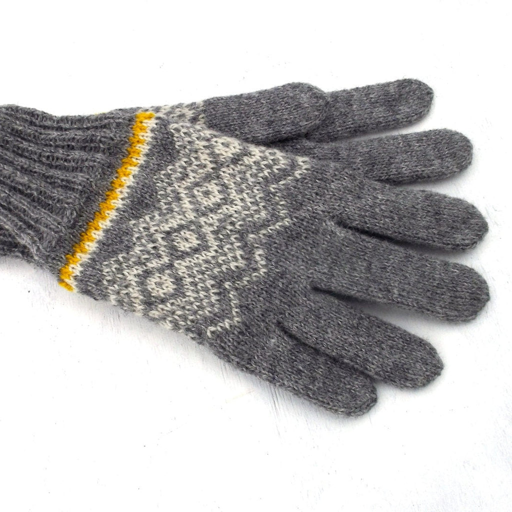 Gray gloves with a patterned palm on a white background