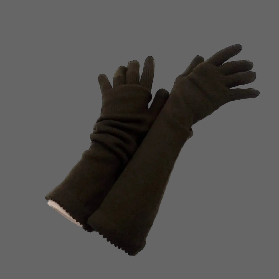 Pair of khaki gloves on a white background