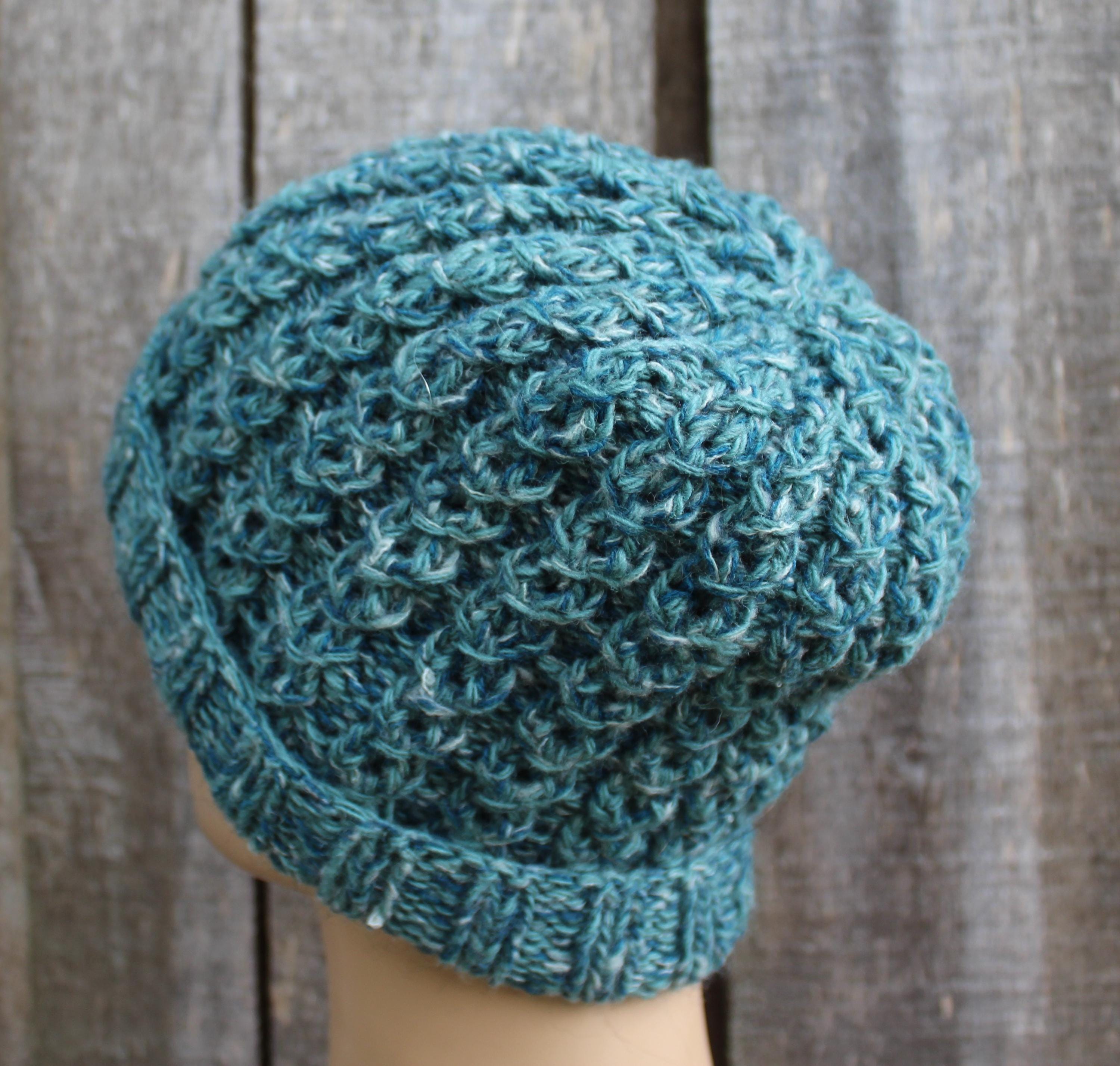 Hand knitted  Colorful Green Mohair Wool Winter Hat, warm unlined unisex beanie.