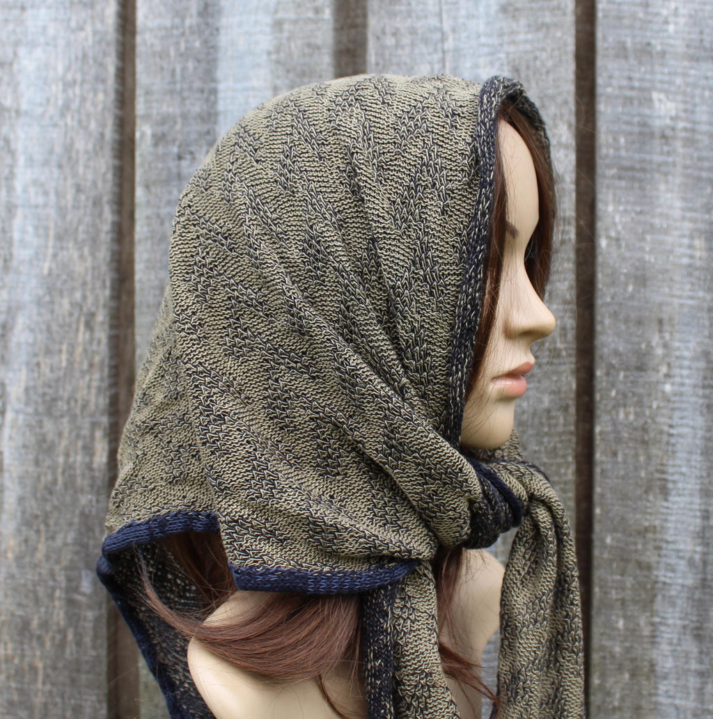 knitted head kerchief, cotton khaki blue head wrap, colorful triangle shawl