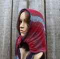 Cotton red blue head kerchief,  colorful triangle shawl, knit modern scarf