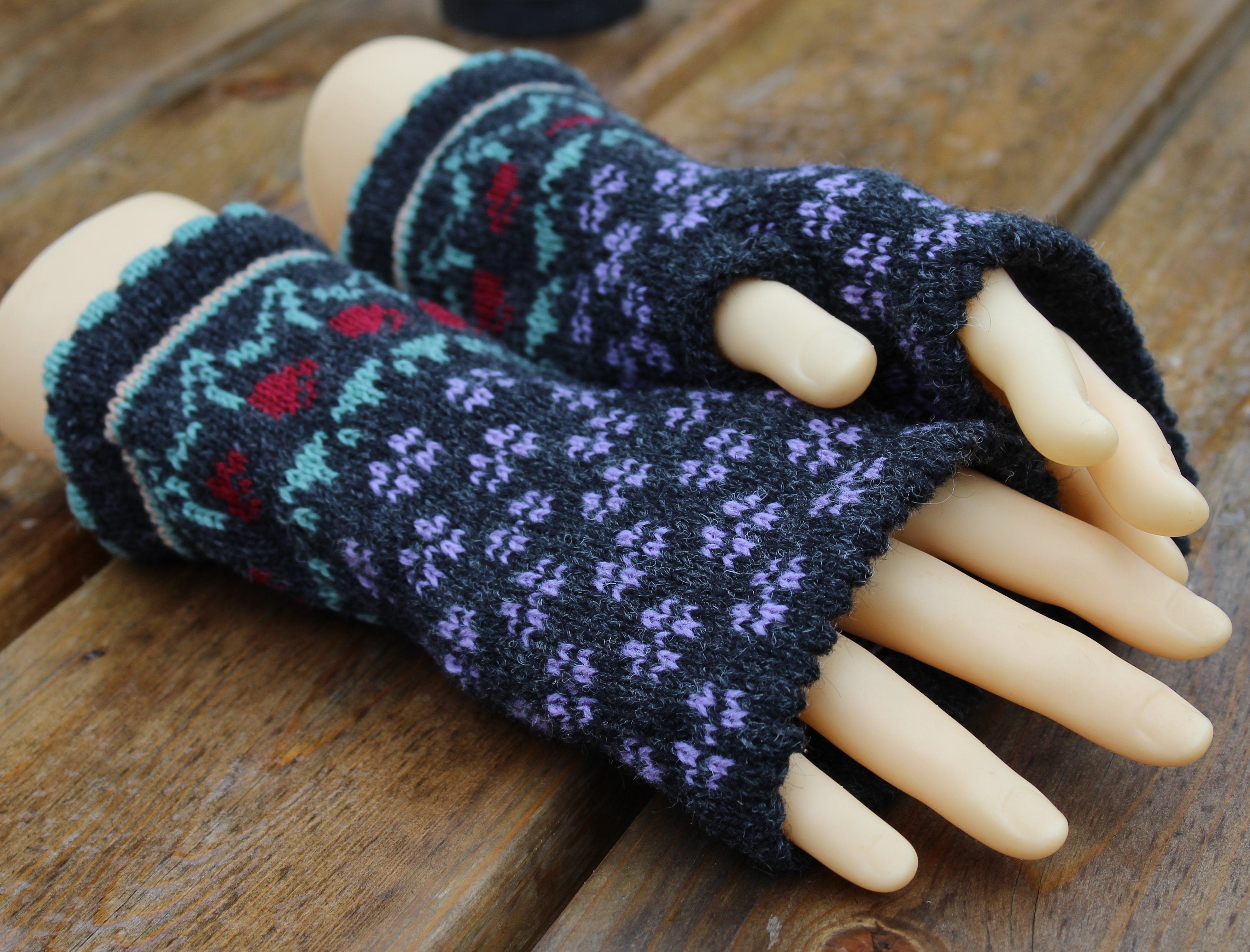 arm warmers, knitted Latvian fingerless gloves, handmade wool dark gray half mittens