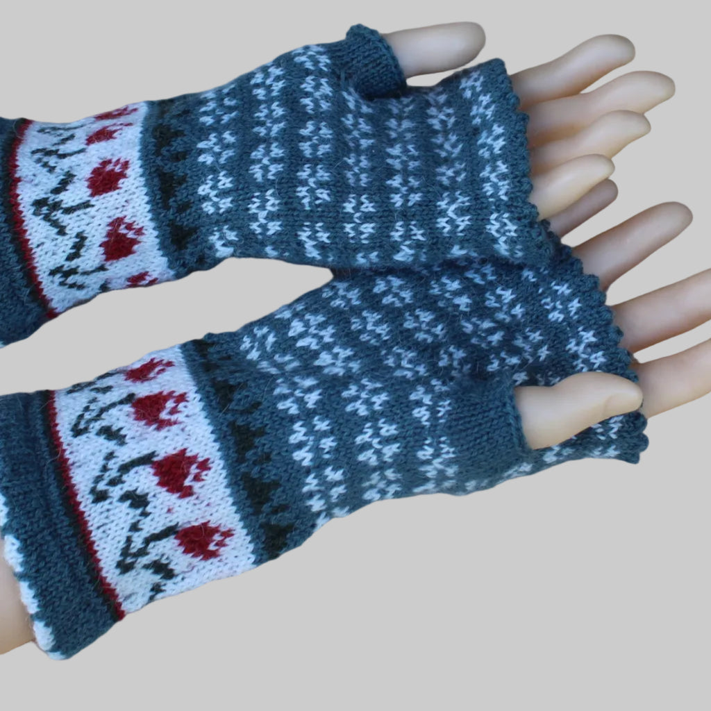 Pair of knitted fingerless gloves with a pattern on a mannequin hand.