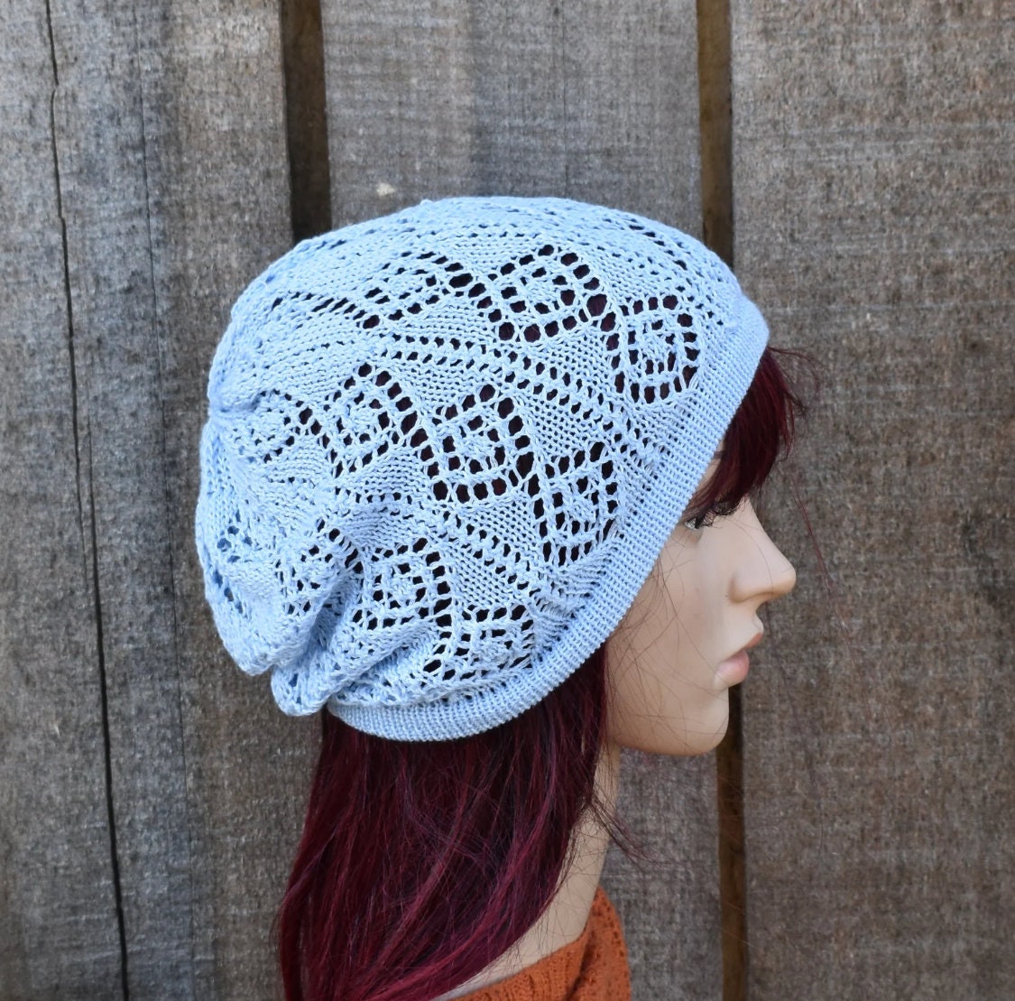 Knitted cotton summer beanie, brown lace women hat, knit casual thin sun hat,