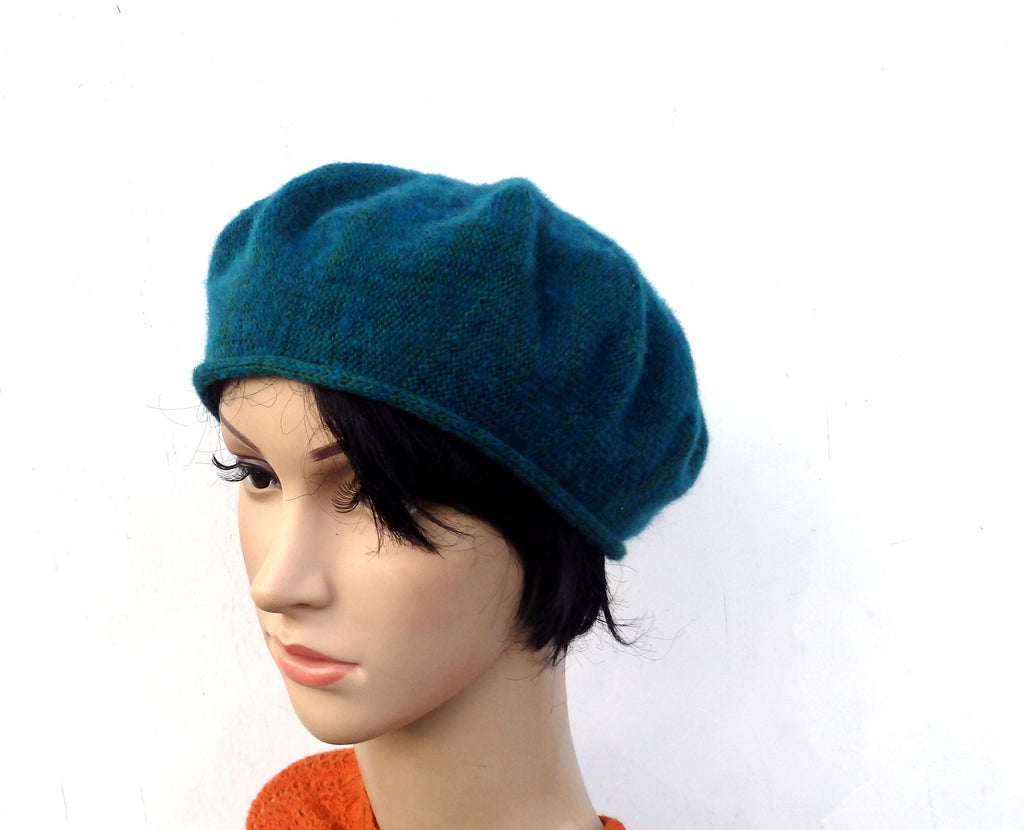knitted wool mohair female green beret, women teal beret hat