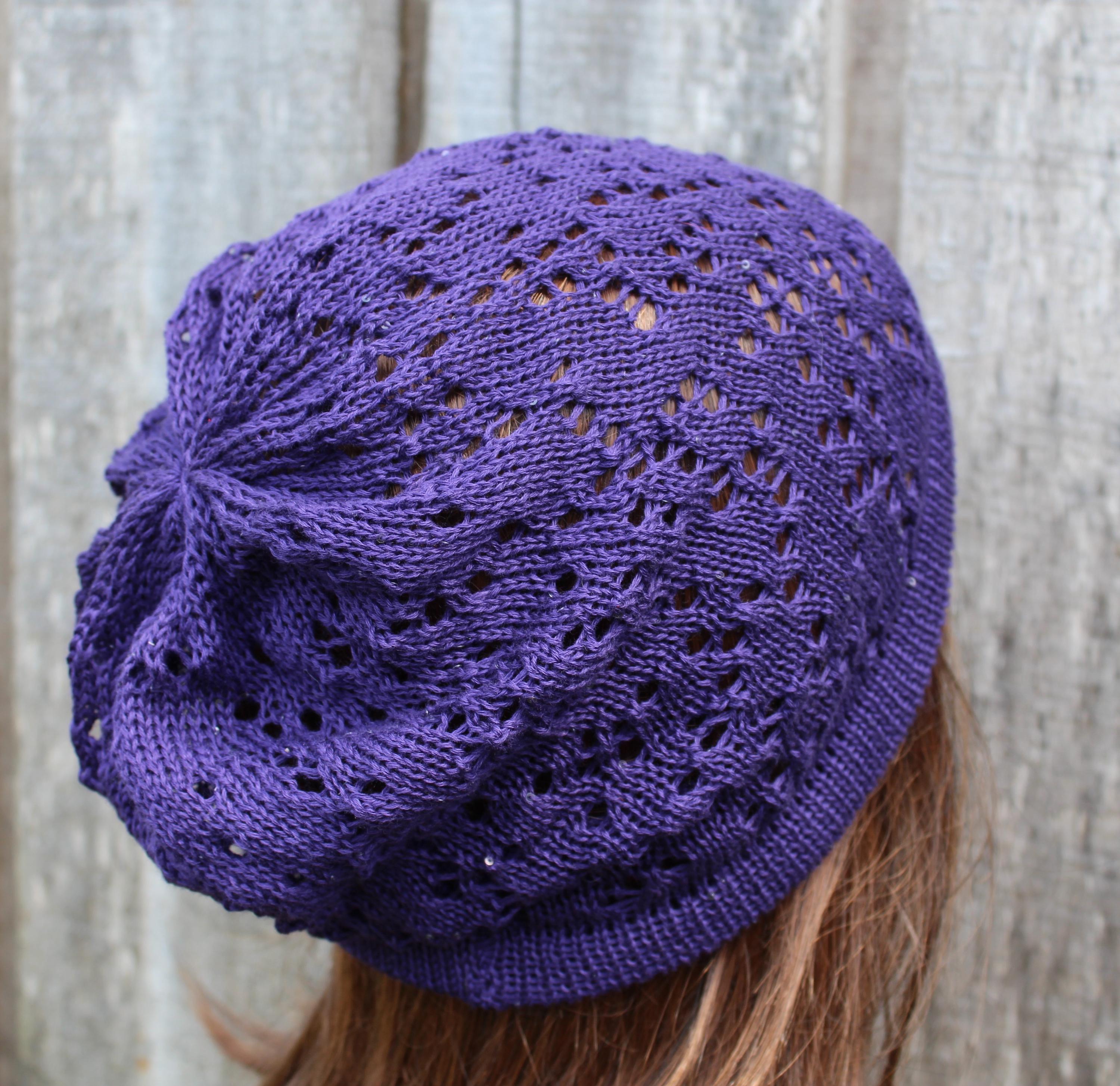 Stylish Purple Cotton Lace Knit Summer Beanie with Sequin