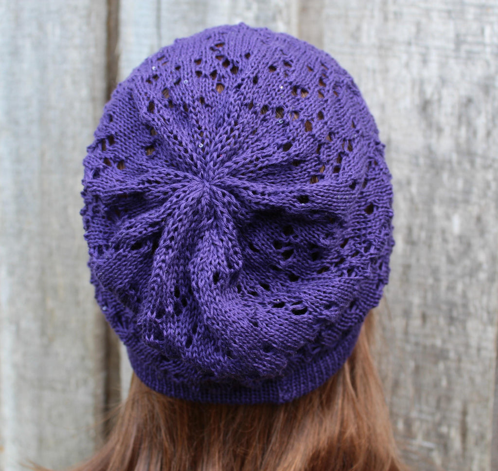 Stylish Purple Cotton Lace Knit Summer Beanie with Sequin