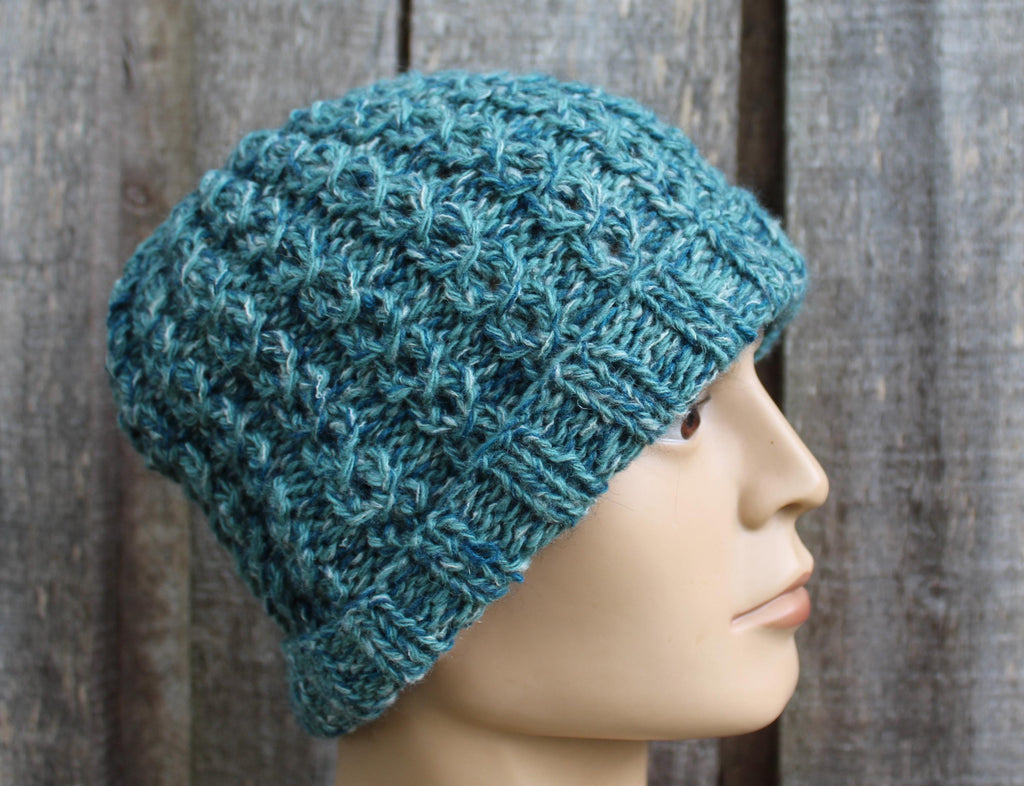 Hand knitted  Colorful Green Mohair Wool Winter Hat, warm unlined unisex beanie.