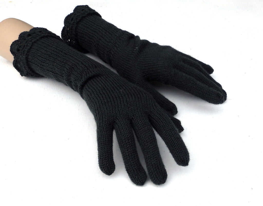 Hand Knit Black Lace Gloves: Elegant Women's Evening Gloves