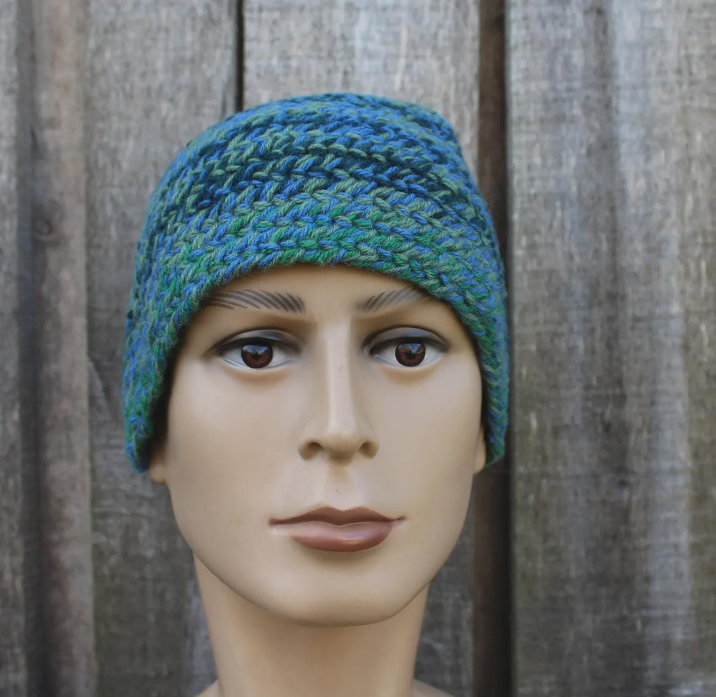 Authentic Naalbinding Wool Beanie | Ancient Viking-Age Technique | Green, Blue & Gra