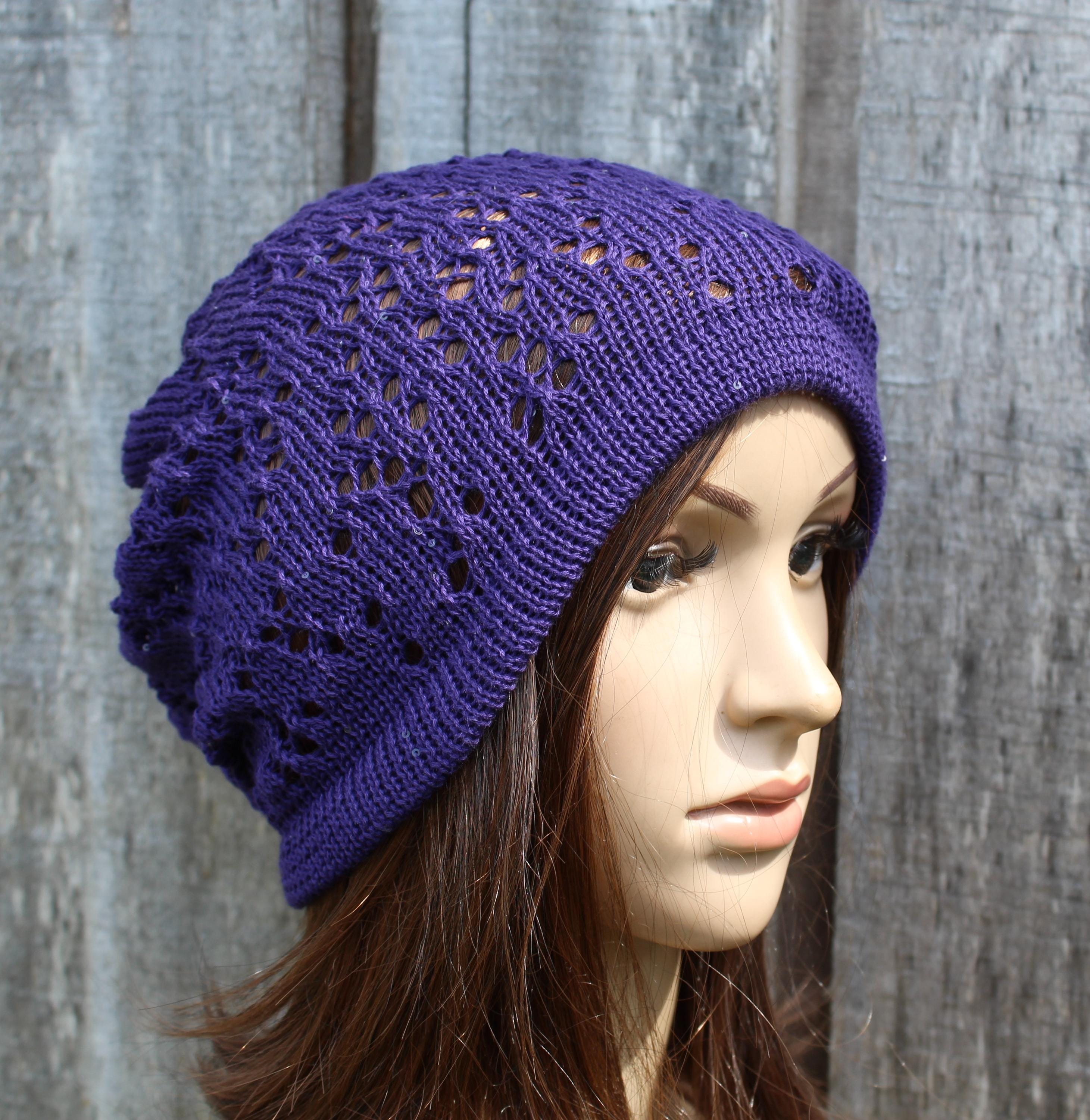 Stylish Purple Cotton Lace Knit Summer Beanie with Sequin