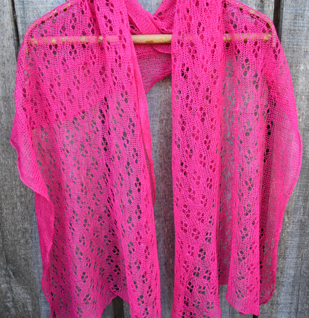 Thin summer shawl, knitted pink linen scarf, handmade flax shawl