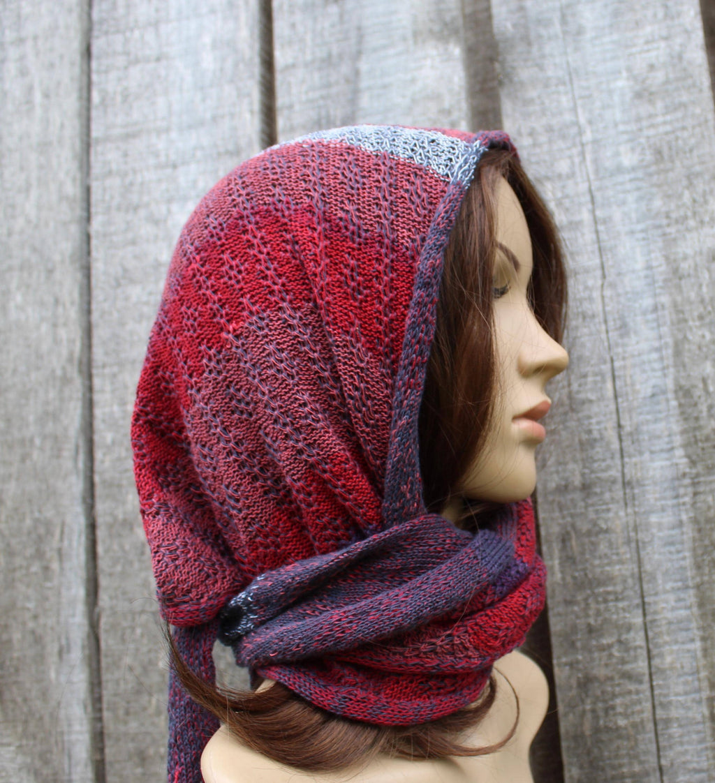 Cotton red blue head kerchief,  colorful triangle shawl, knit modern scarf