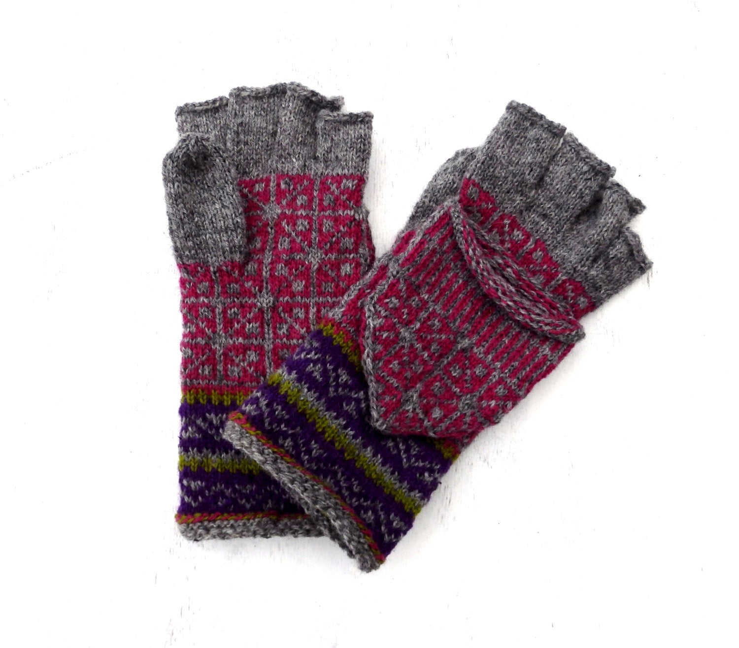 Hand Knitted Wool Convertible Gloves: Gray Purple Nordic Mittens
