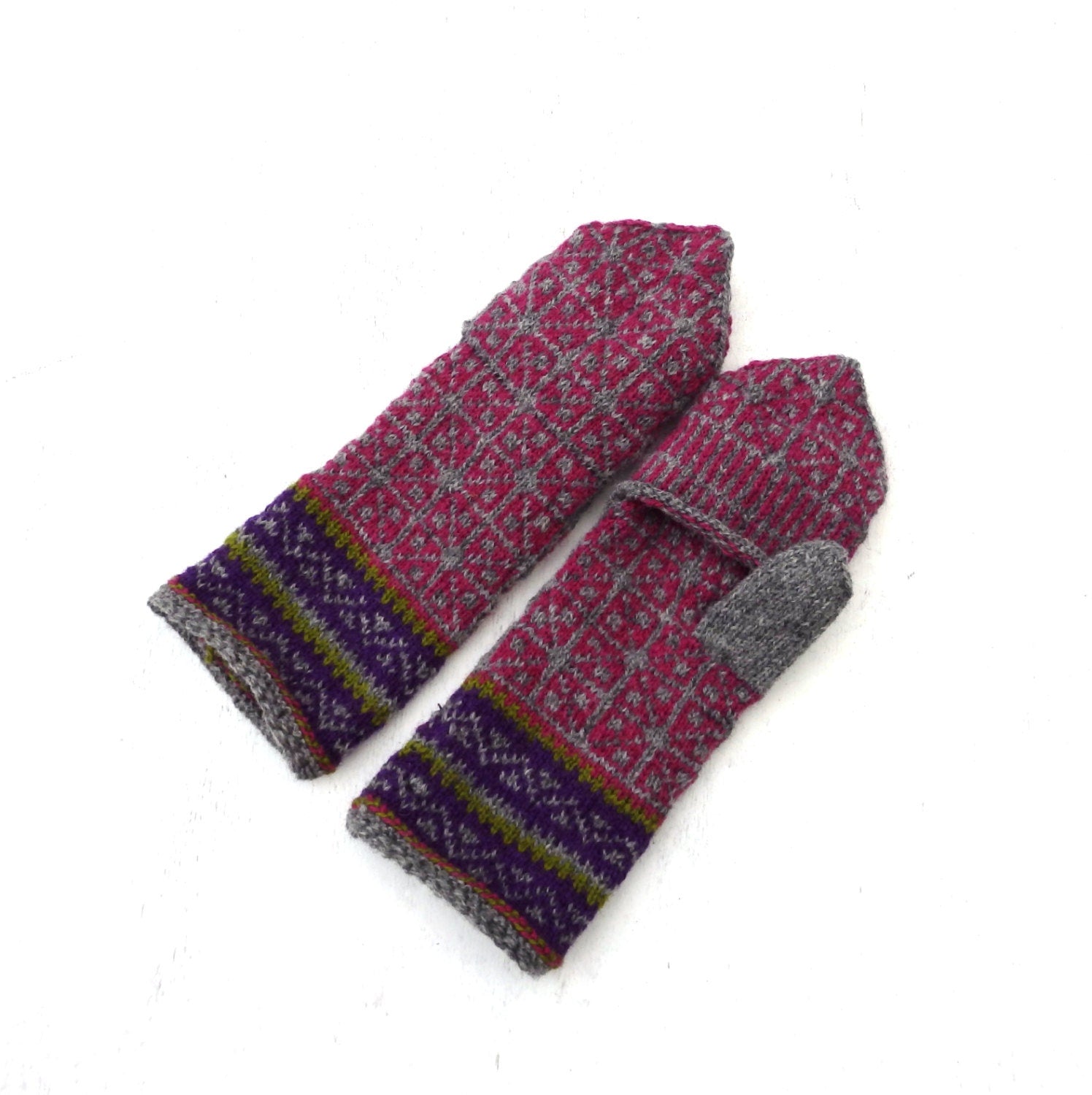 Hand Knitted Wool Convertible Gloves: Gray Purple Nordic Mittens