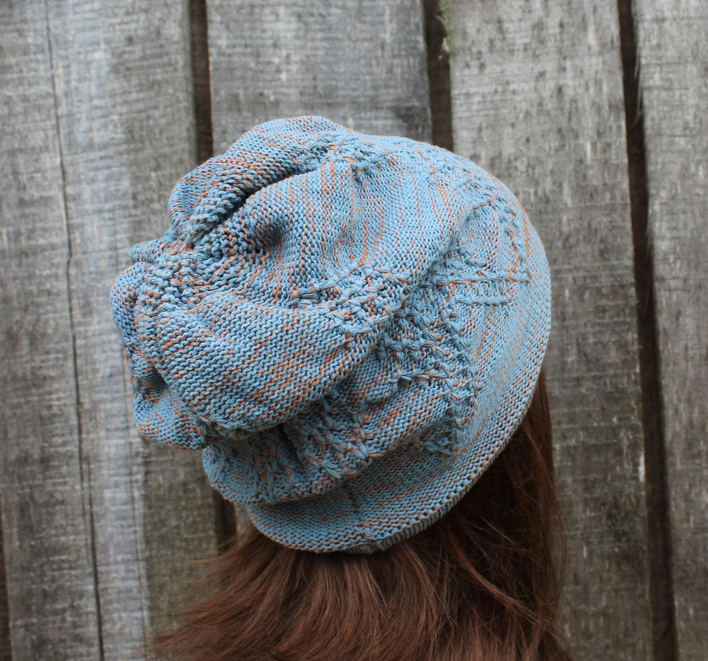knit colorful light blue  orange cotton hat, knitted mid season hat, Handmade breathable beanie