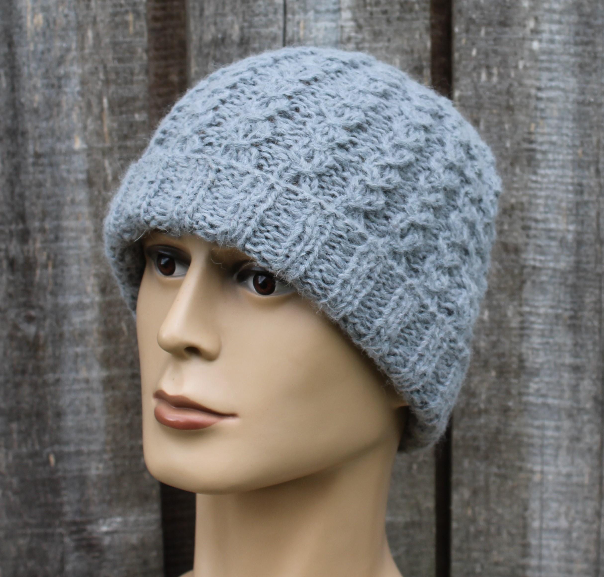 Handknit warm gray alpaca winter hat