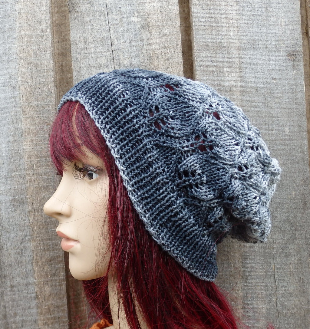 Hand Knit Cotton Lace Beanie: Colorful Gray Black Summer Hat