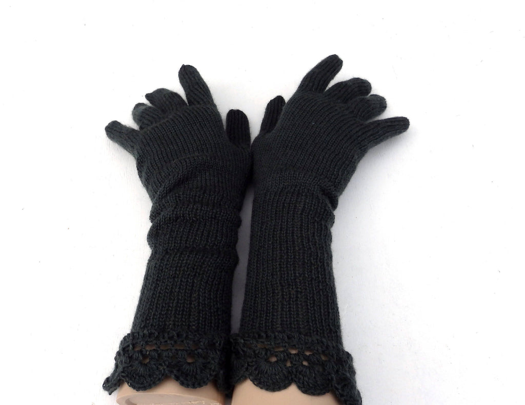 Hand Knit Black Lace Gloves: Elegant Women's Evening Gloves