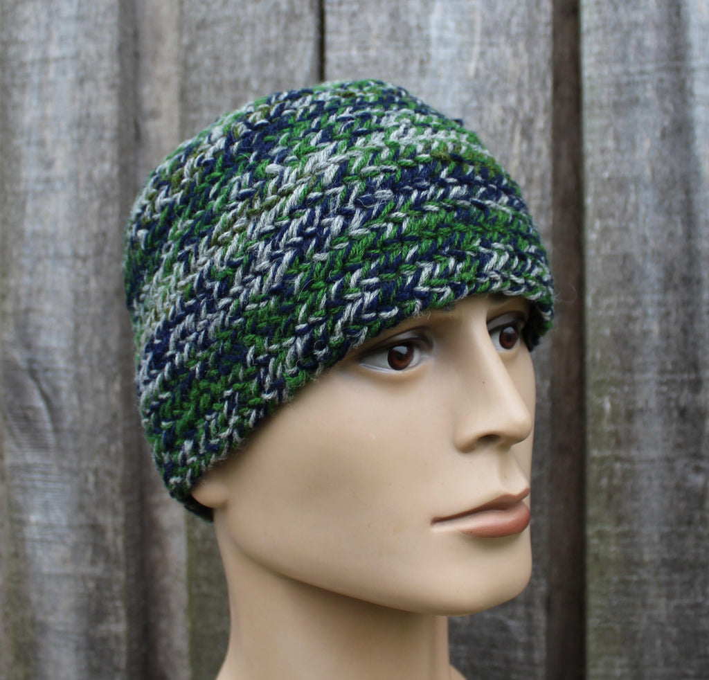 Authentic Naalbinding Wool Beanie | Ancient Viking-Age Technique | Green, Blue & Gra