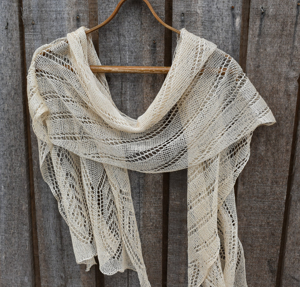 Beige Knit Lace Linen Scarf: Fishnet Flax Shawl