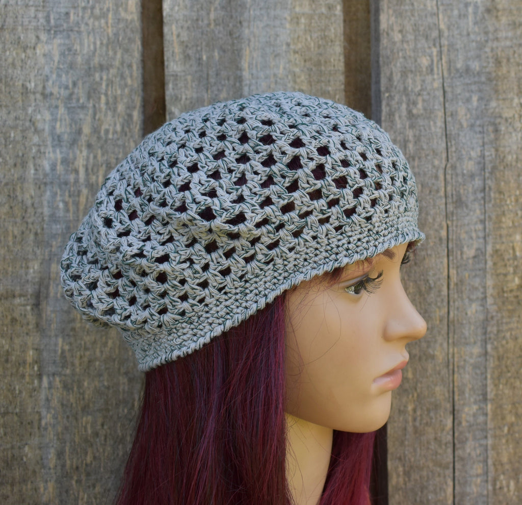 Crocheted gray green cotton summer beret, handmade lace French beret for women