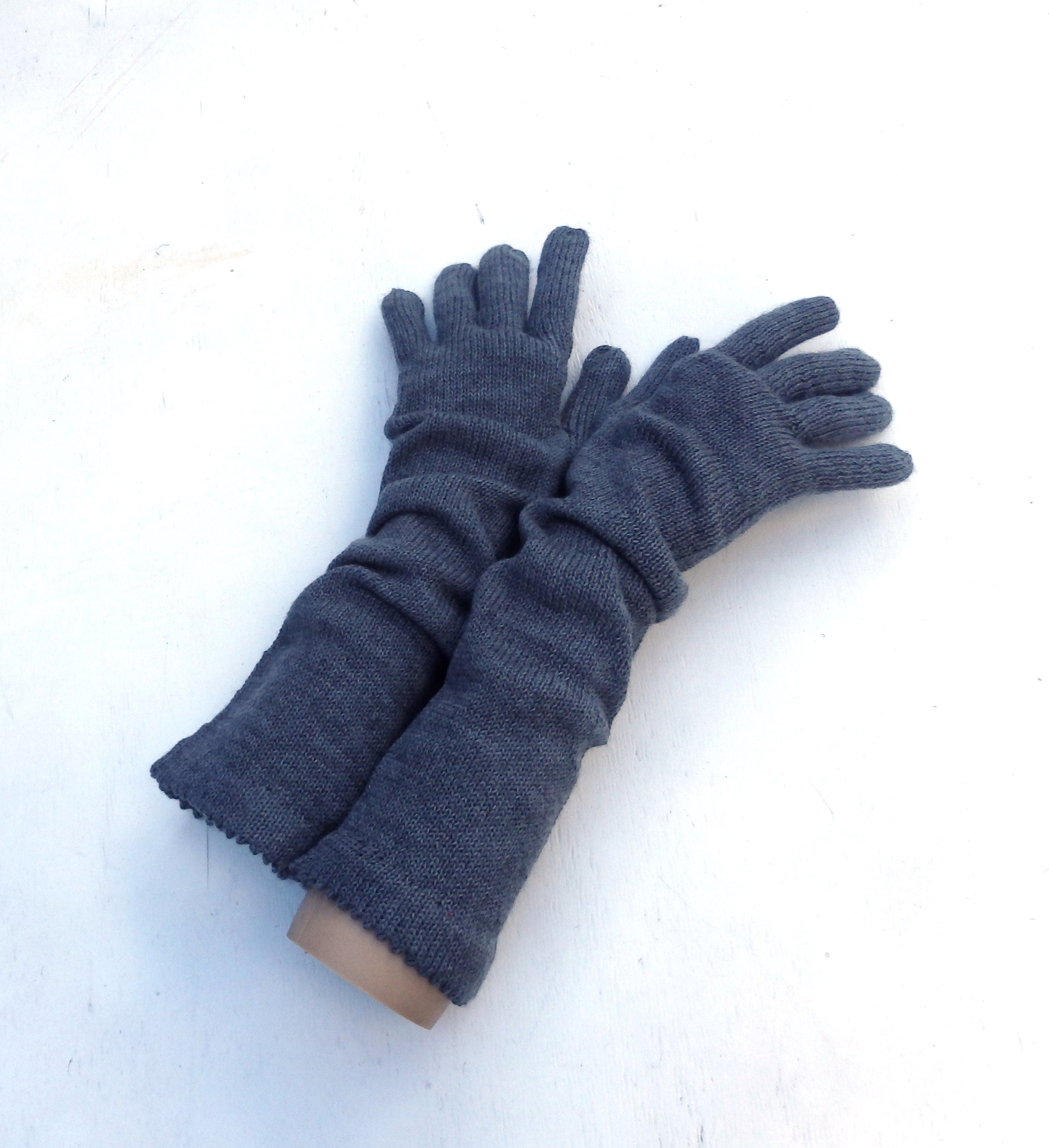 Knitted Long Wool Blend Gloves: Gray Arm Warmers