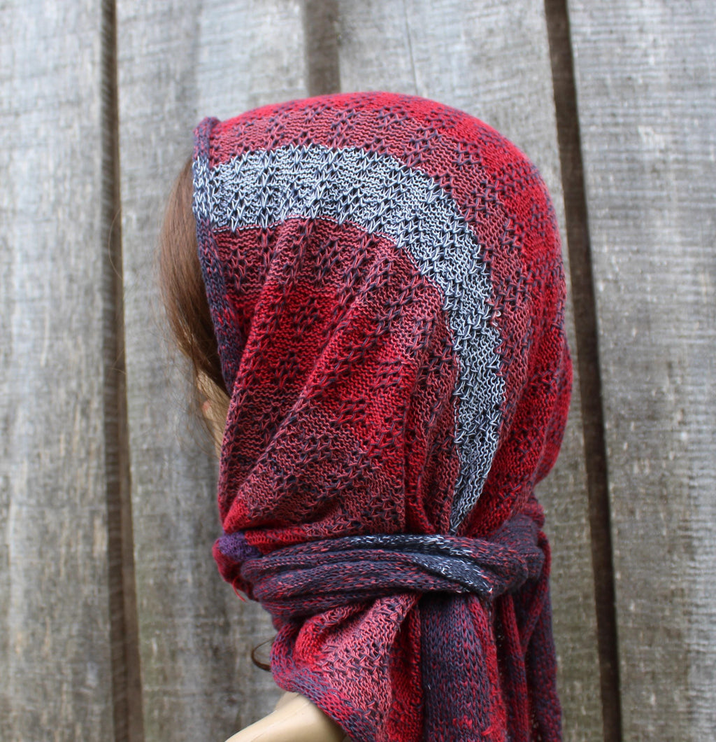 Cotton red blue head kerchief,  colorful triangle shawl, knit modern scarf
