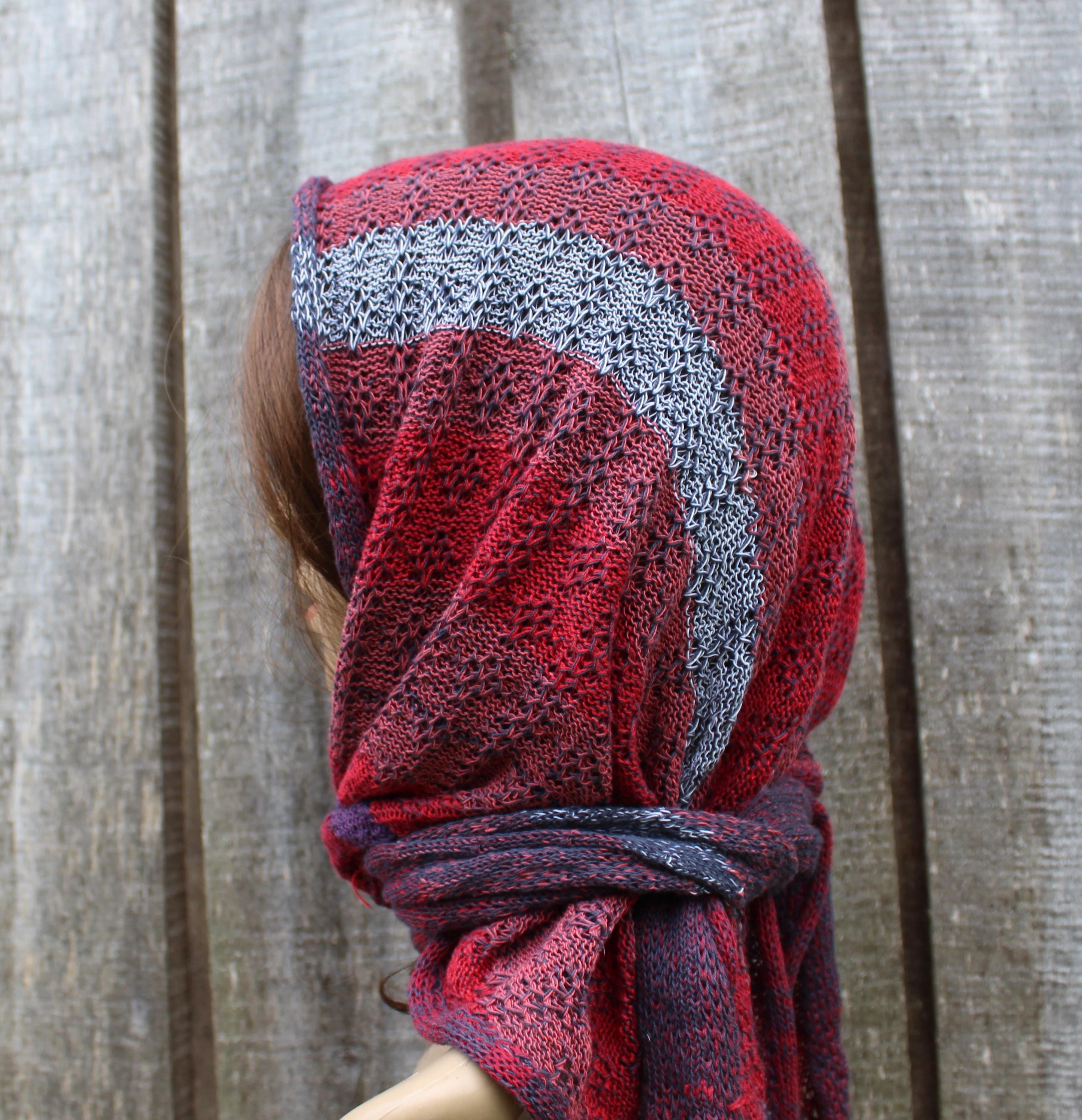 Cotton red blue head kerchief,  colorful triangle shawl, knit modern scarf