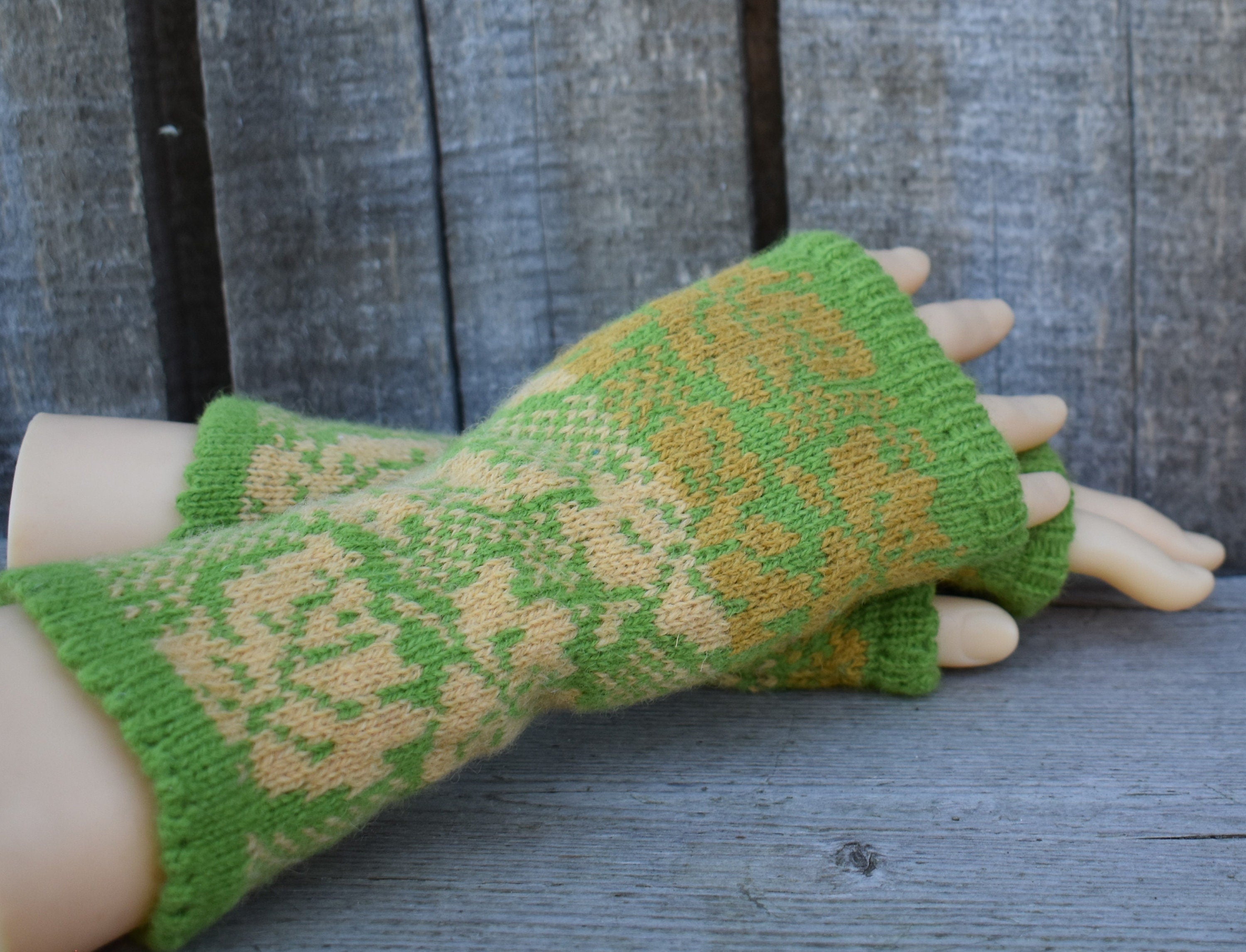 knitted women Latvian arm warmers, handmade wool fingerless gloves, size M/L half mittens