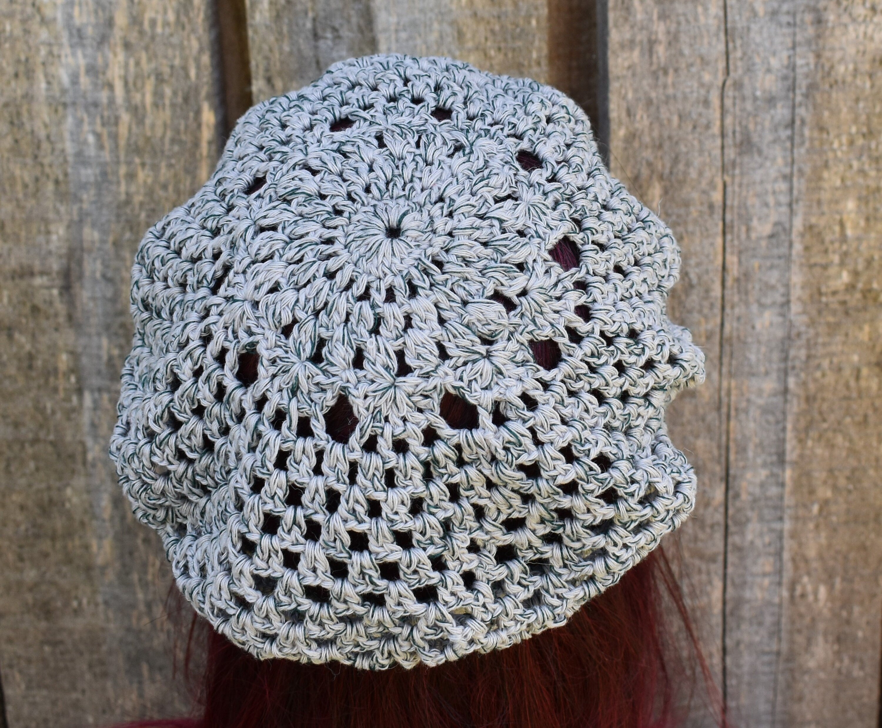 Crocheted gray green cotton summer beret, handmade lace French beret for women
