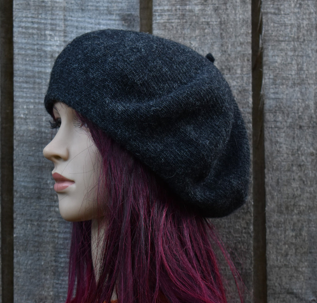 Knitted Wool Beret: Charcoal Gray Slouchy Hat