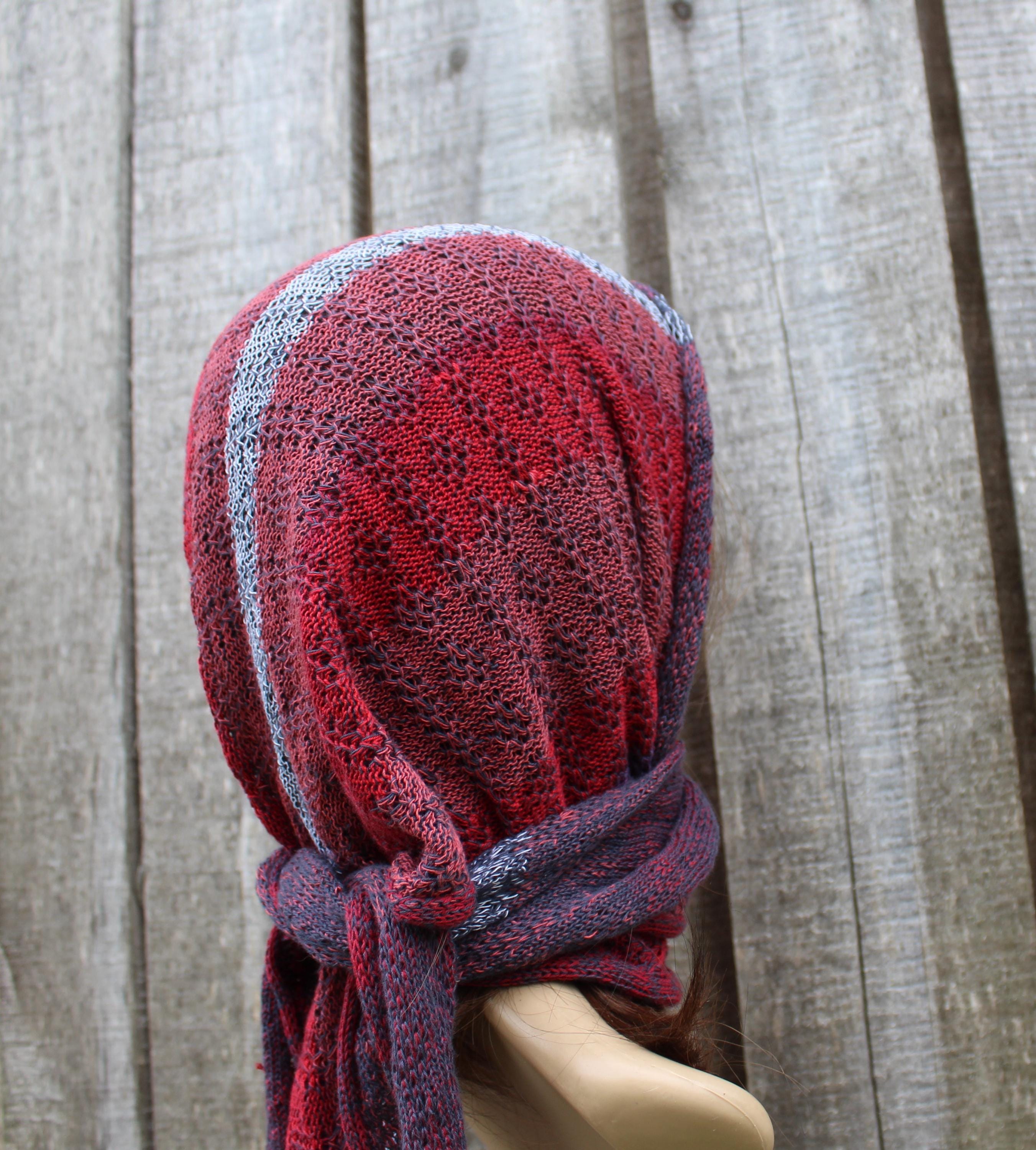 Cotton red blue head kerchief,  colorful triangle shawl, knit modern scarf