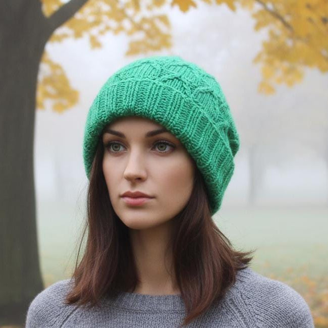 Woman wearing a green knitted beanie in an outdoor setting with blurred trees and foliage.