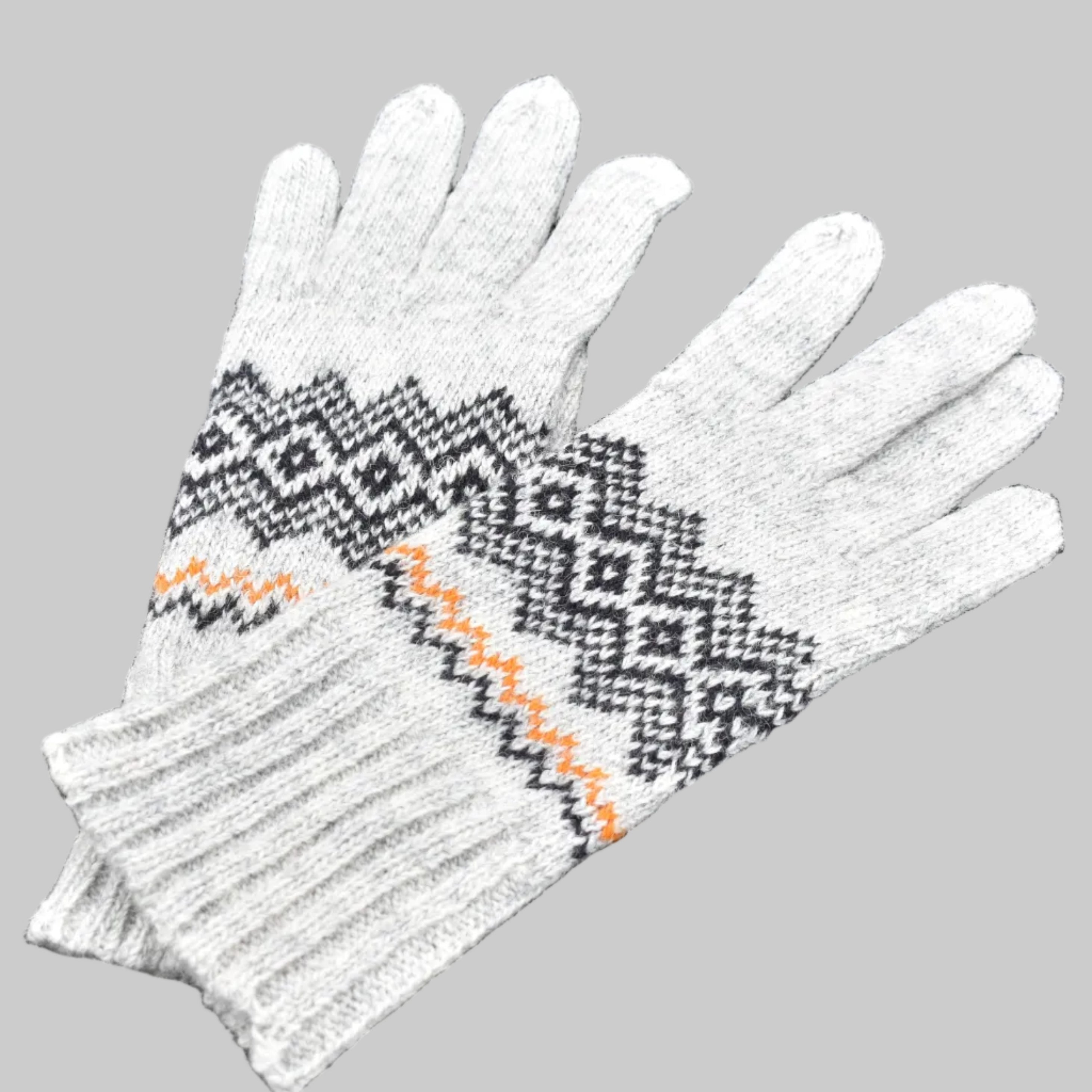 Pair of gray gloves with a pattern on a black background