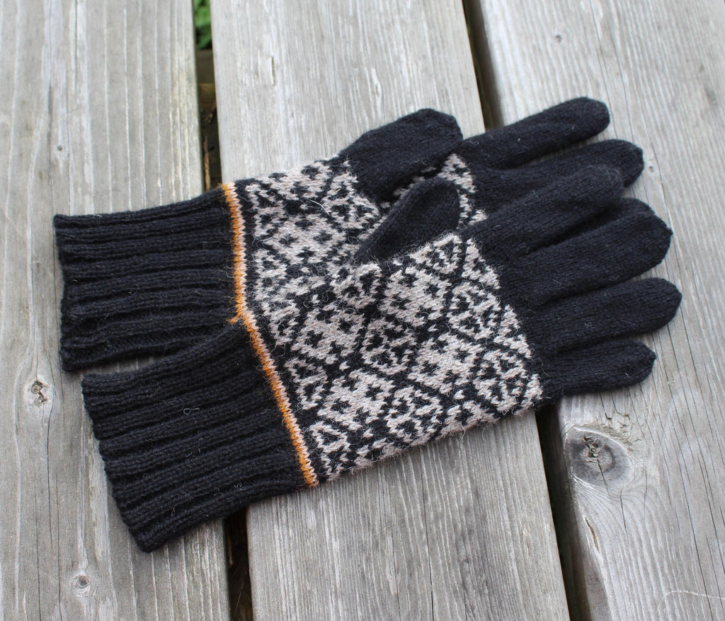 Pair of black gloves with a patterned palm on a wooden surface
