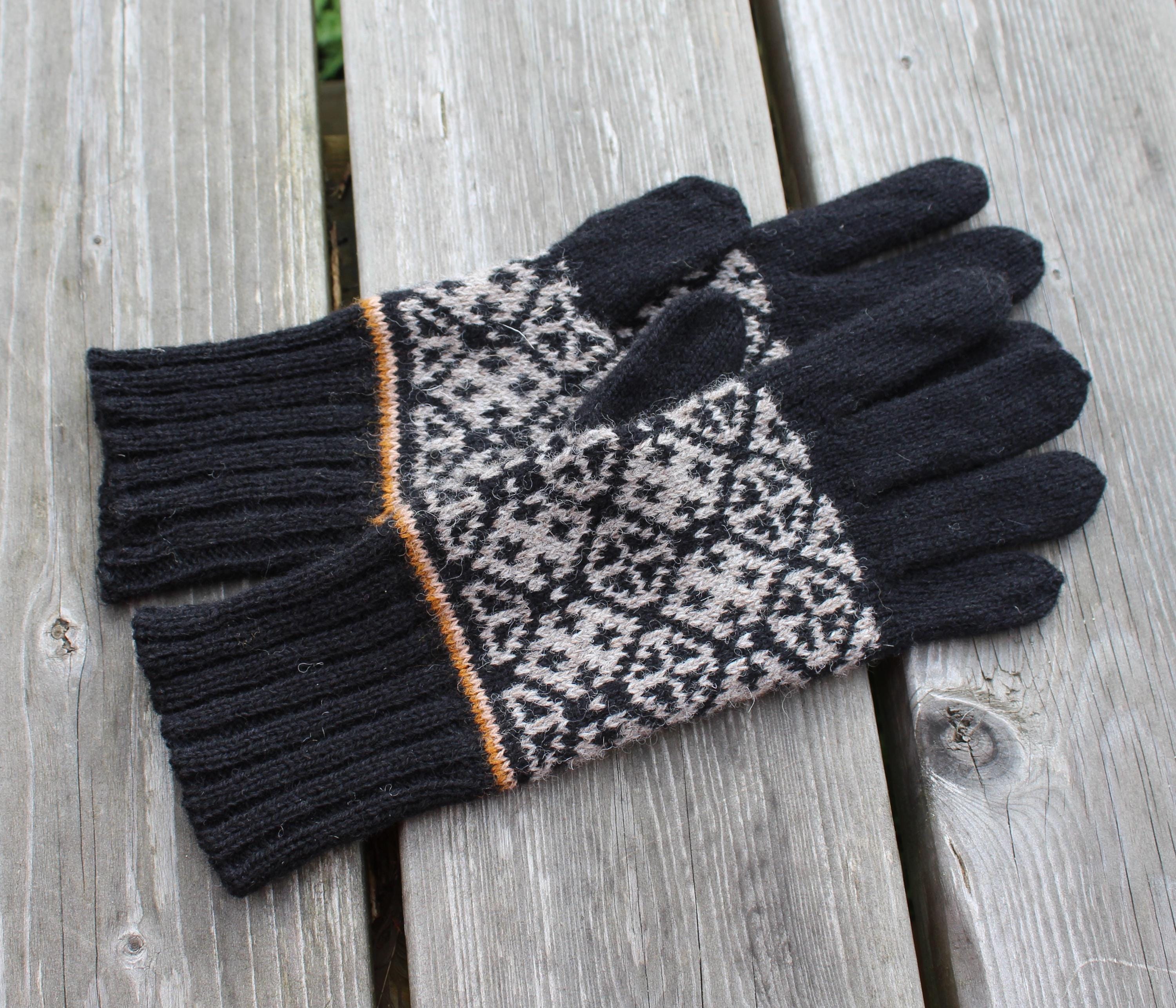 Pair of black gloves with a patterned palm on a wooden surface