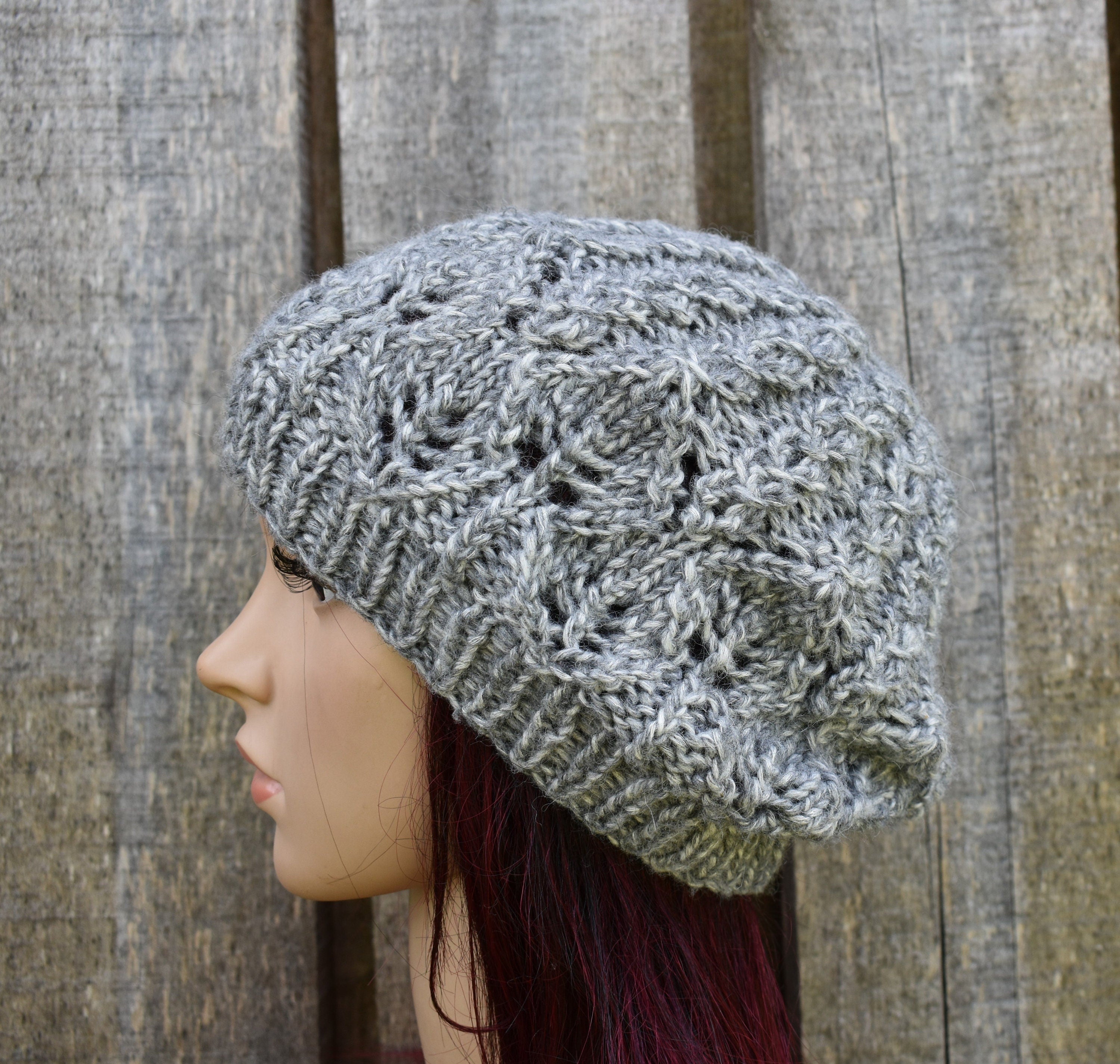 Hand knitted melanga gray cotton beret hat, unlined autumn cap, knit open work beanie,