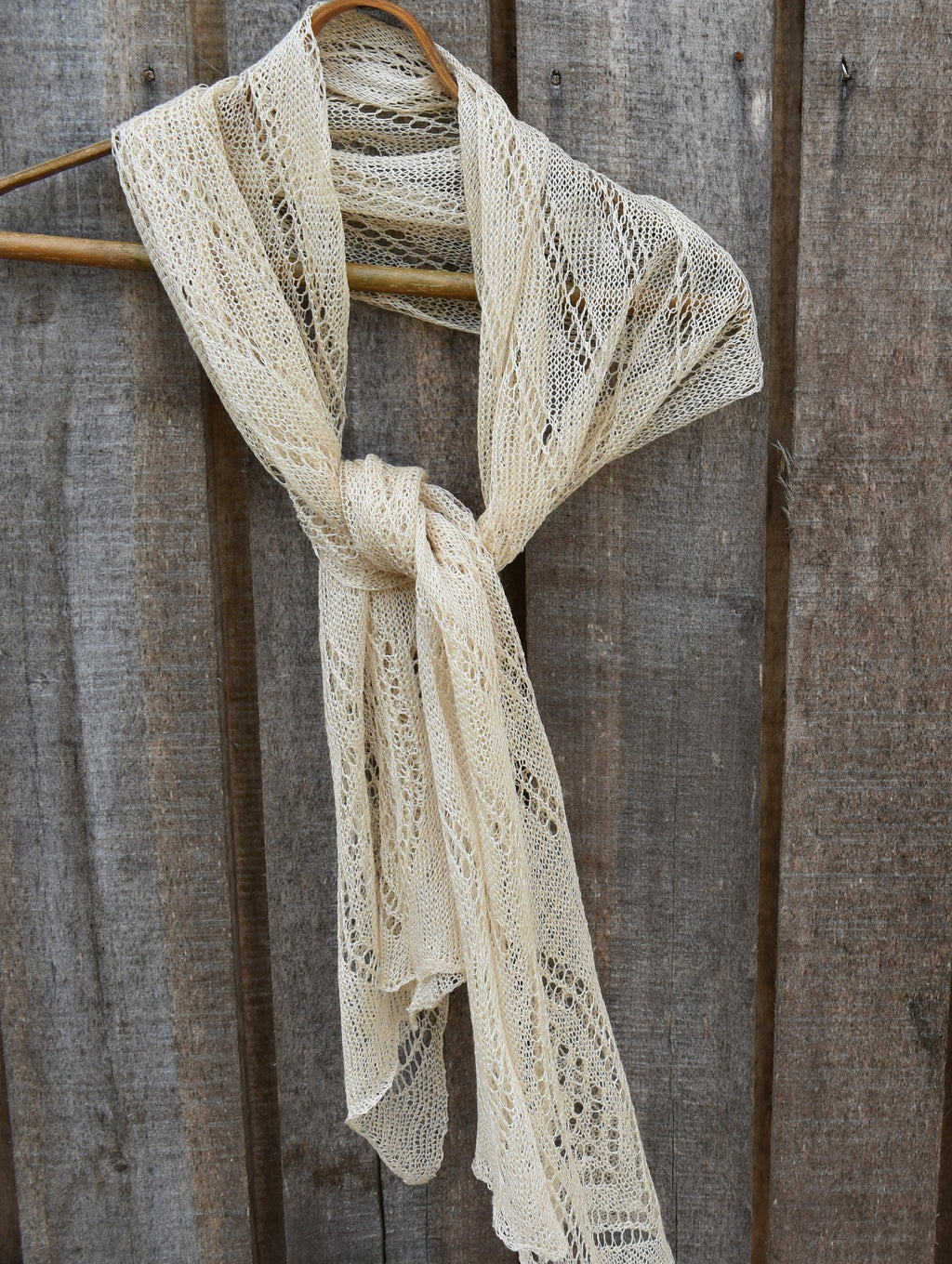 Beige Knit Lace Linen Scarf: Fishnet Flax Shawl