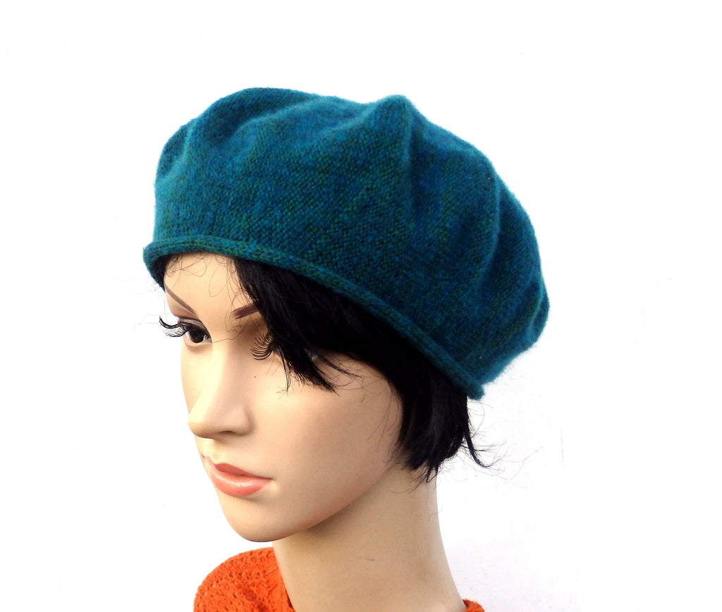 knitted wool mohair female green beret, women teal beret hat