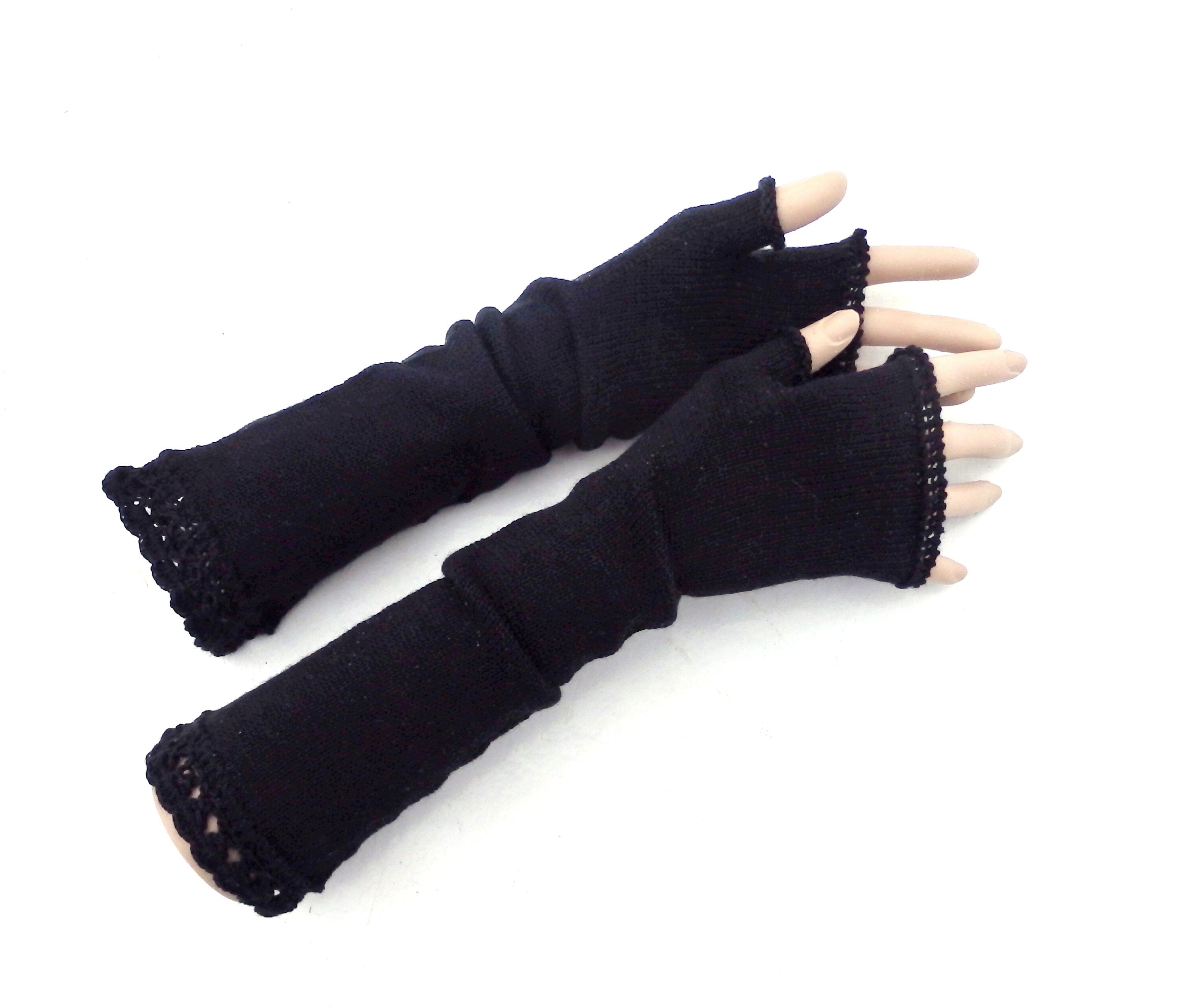 knit black long wool fingerless gloves