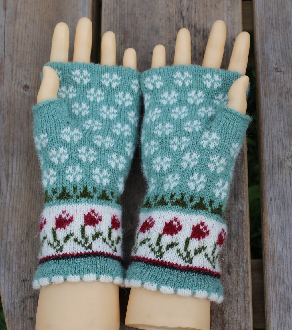 arm warmers, knitted Latvian fingerless gloves, handmade wool green half mittens