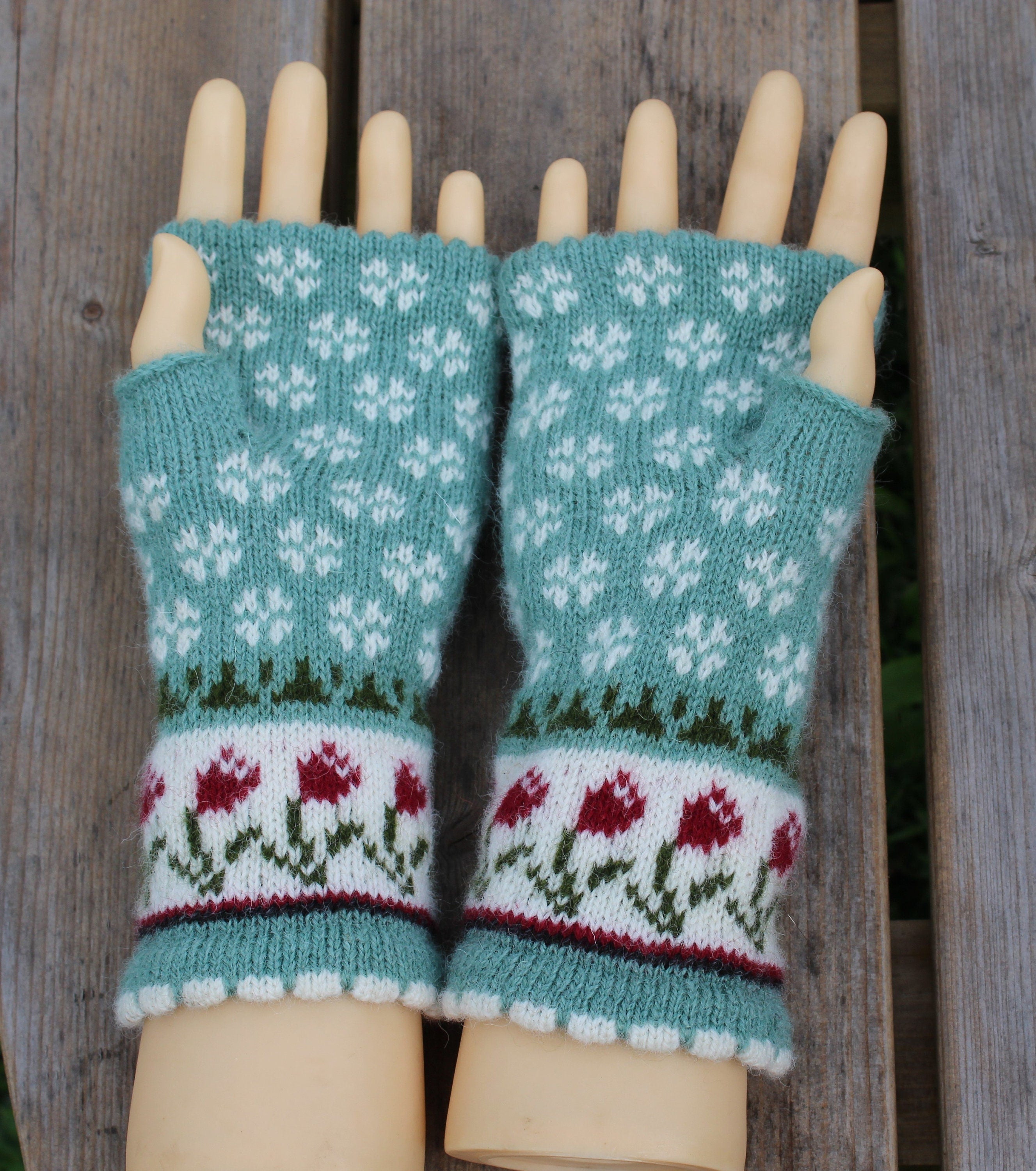 arm warmers, knitted Latvian fingerless gloves, handmade wool green half mittens