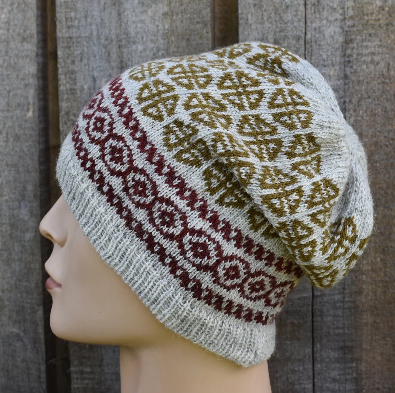 Handmade Fair Isle Wool Beanie: Scandinavian Knit Winter Hat