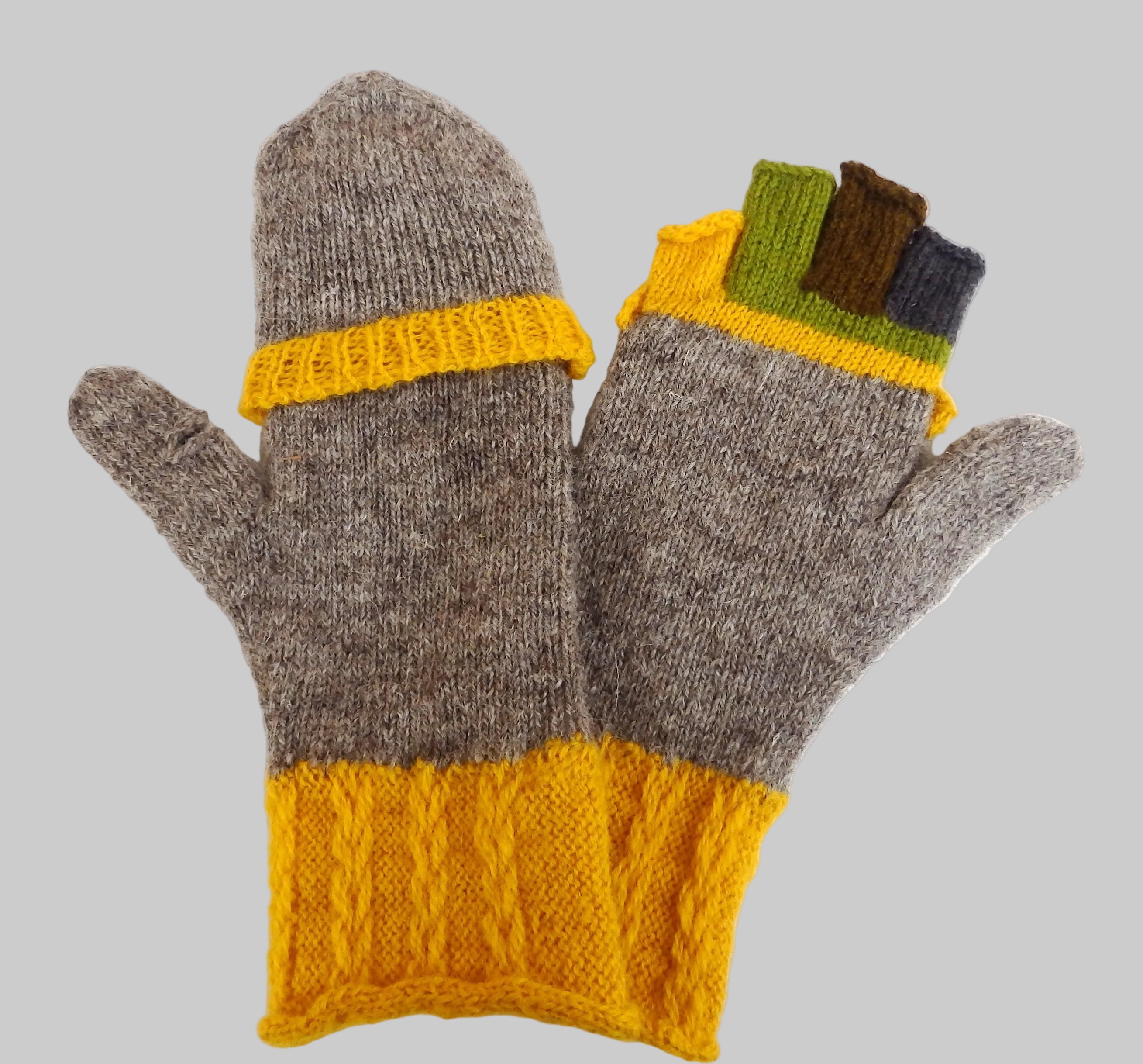 Pair of gray gloves with yellow cuffs and trims on a white background