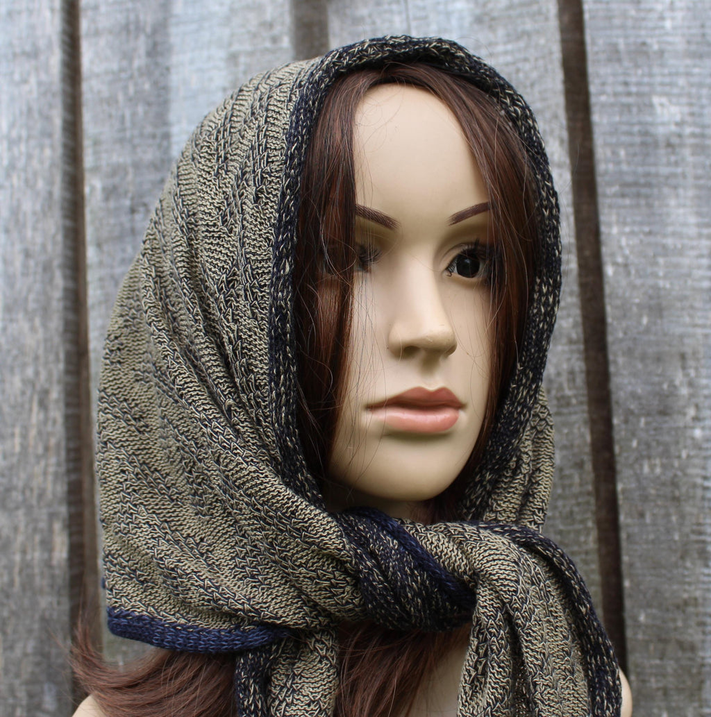 knitted head kerchief, cotton khaki blue head wrap, colorful triangle shawl